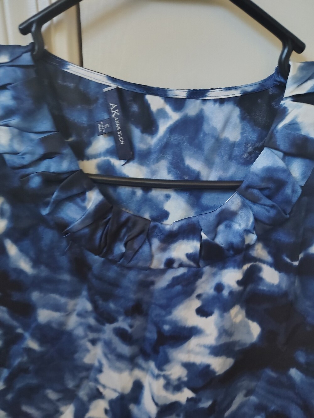 Anne Klein Blue and White Ruffle Neck Blouse